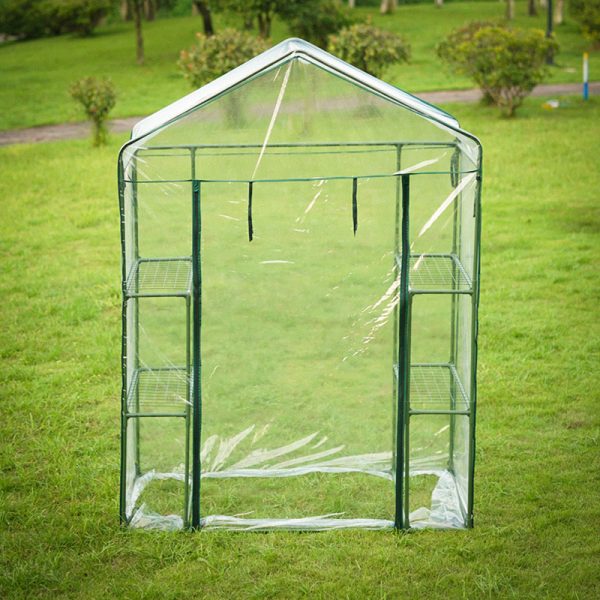 outdoor walk in pvc greenhouse with 3 shelves