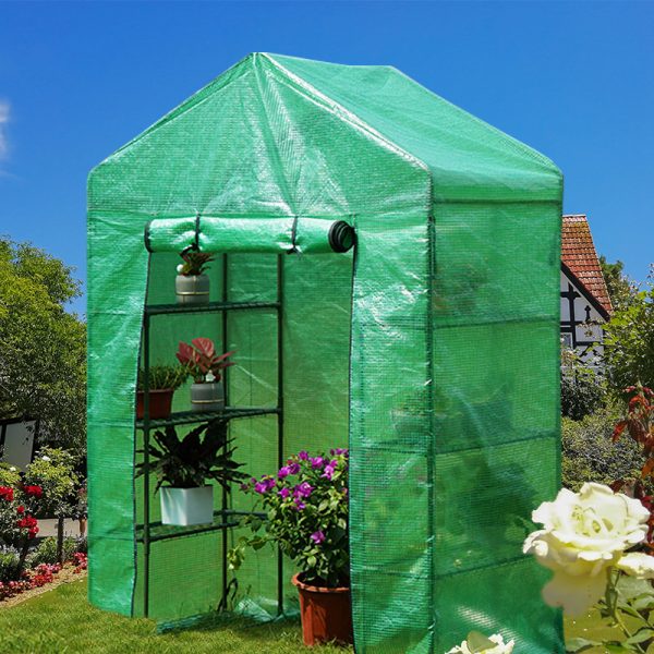walk in greenhouse with pe cover and shelves